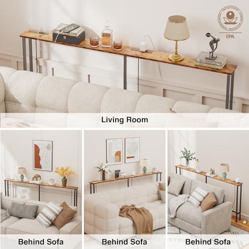 70 Narrow Console Sofa Table - 2 Power Outlets & 4 USB Ports, Metal Frame, Rustic Brown, Perfect for Hallway, Office, and Behind Sofa - Easy Assembly, 4.9' Extension Cord Included