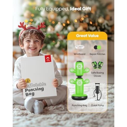 QPAU 360° Rotatable Punching Bag for Kids, Lager 64” Kids Punching Bag with Gloves, Hand Pump & 6 Targets, Bop Bag Inflatable Punching Toy, Karate Gifts for Boys, Girls