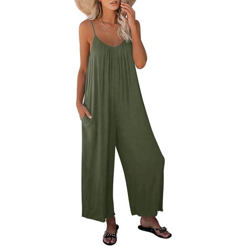 Womens Casual Loose Sleeveless Bohemian Beach Jumpsuits Spaghetti Strap Wide Leg Rompers with Pockets LTK