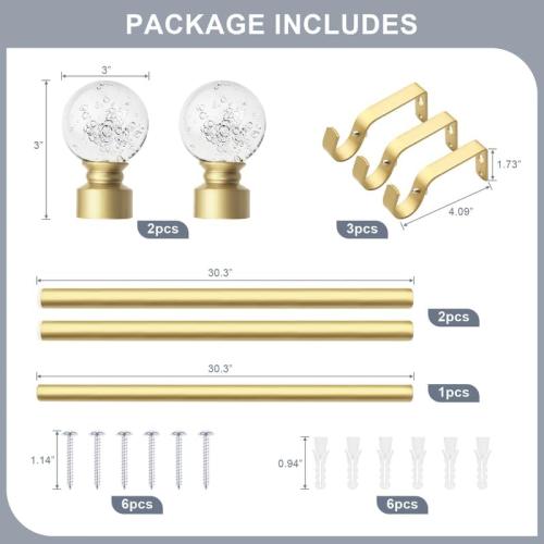 knobelite 2 Pack Gold Window Treatment Single Curtain Rods, Adjustable Curtain Rod from 22 to 48 Inches with Crystal Finial Finials,1-Inch Curtain Rods for Windows