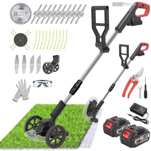 Orange Cordless Weed Wacker Eater Battery Powered, 21V Lightweight Electric Weed Trimmer with 2 Battery Operated & Charger& Wheels & Shears, No-String Grass Trimmer/Brush Cutter/Lawn Edger for Yard Garden