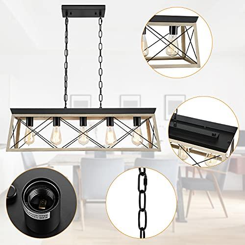Dining Room Light Fixture,5-Light Chandelier for Island Light,Black and Oak FinishKitchen Lighting Hanging Pendant Light Kitchen Island,Industrial Island Lights for Kitchen Dining Room