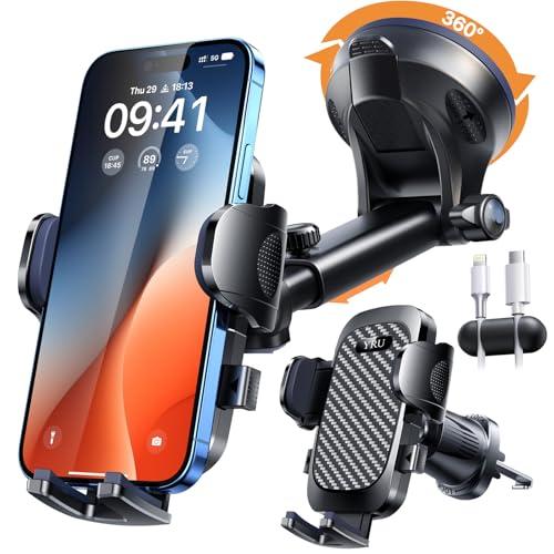 YRU True Military-Grade [360° Rotation Suction] 2026 Ultimate Car Phone Holder Mount【90 LBS Safest Strongest & Patent Certs】 Dash Windshield for iPhone 17 16 Pro Max Speakerphones, Gloss Black