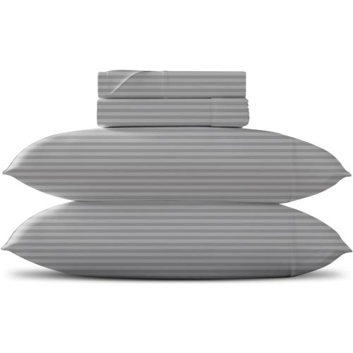 Hotel Style Egyptian Cotton Queen Size Sheet Set -Damask Stripe 4 PC  Fitted and Flat Sheets, Sateen Hotel Bedding - Silver Stripe