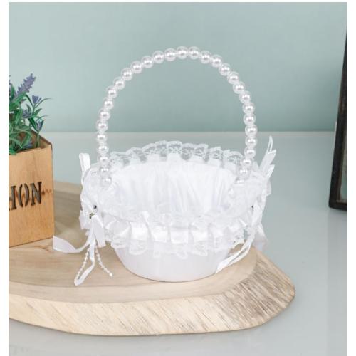 Wedding Flower Girl Basket with Pearl Handle,Satin Flower Storage Basket for Wedding Home Garden Decor (5835 Small, 1)
