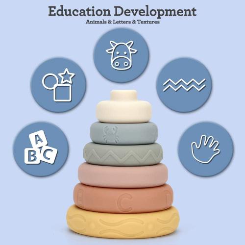 Mini Tudou 6 PCS Baby Stacking & Nesting Toys, Soft Stacking Blocks Ring Stacker, Baby Sensory Teether Toys with Letter, Animal and Shape, Early Learning Toys for Babies Toddlers Kids 6 Months