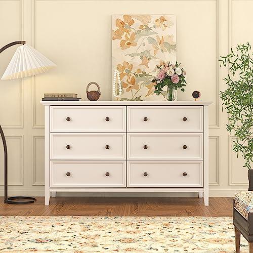 IKENO White 6 Drawer Dresser for Bedroom, Modern Solid Wood Large Storage Cabinet, Simple White Chest of Drawer for Bedroom Living Room Hallway Entryway