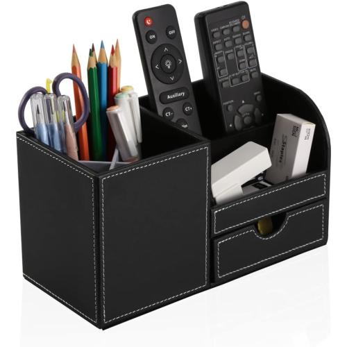 KINGFOM Desk Organizer Office Supplies Caddy Pu Leather Multi-function Storage Box Pen/Pencil,Cell phone, Business Name Cards Remote Control Holder with Small Drawer Black