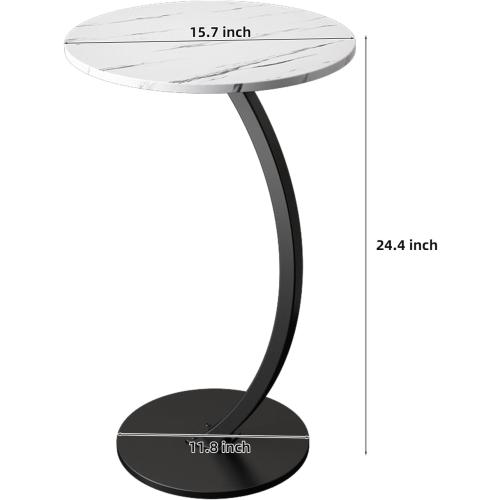 C Shaped Side Table End Table Round Small Side Table,White & Black | C Shaped End Table Metal Frame for Sofa Bed Couch Living Room Bedroom Small Spaces Bedside TV Tray Accent Nightstand Table