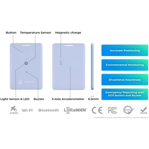 Beige seeed studio T1000-A GPS Tracker with Temp, Light, Motion Sensor, LoRaWAN, Bluetooth and Wi-fi Transmission, Bluetooth, Wi-fi, Panic Button and Buzzer, GNSS, 6.5mm Card Size, IP65 Waterproofing