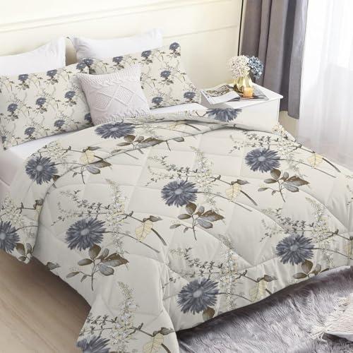 Beige Plant Comforter Full Size, Lightweight Gray Blue Floral Comforters Queen Size for All Season, Soft Microfiber Bedding Set 3 Pieces - 1 Reversible Comforter Duvet Insert   2 Pillowcases
