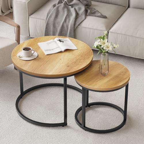 Color Brown Nesting Coffee Table Set of 2, 23.6 Round Coffee Table Brown Wood with Adjustable Non-Slip Feet, Industrial End Table Side Tables for Living Room Bedroom Balcony Yard