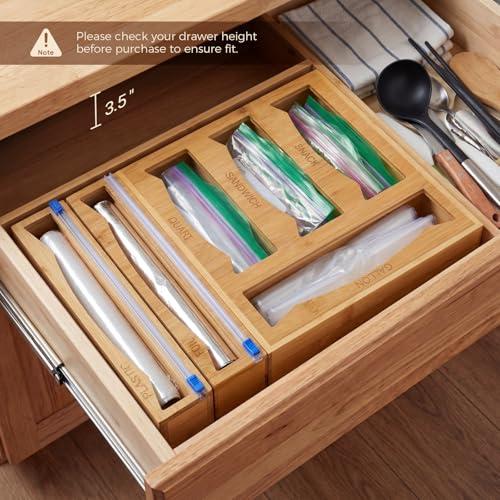 6-in-1 Bamboo Kitchen Drawer Organizer for Storage Bag, Foil & Plastic Wrap