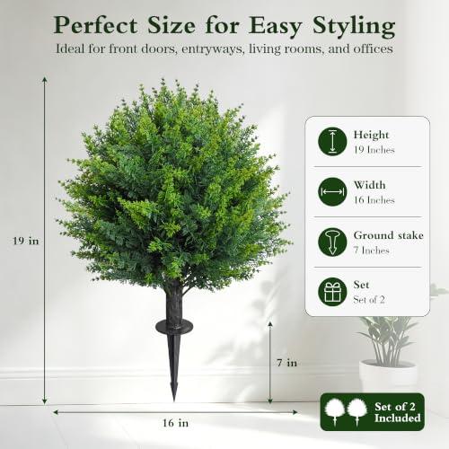 25” Artificial Cedar Topiary Ball Tree, Set of 2 with Ground Spikes, UV Resistant Faux Cypress Plants, Evergreen Shrubs for Outdoor Front Porch Garden Backyard Office Decor