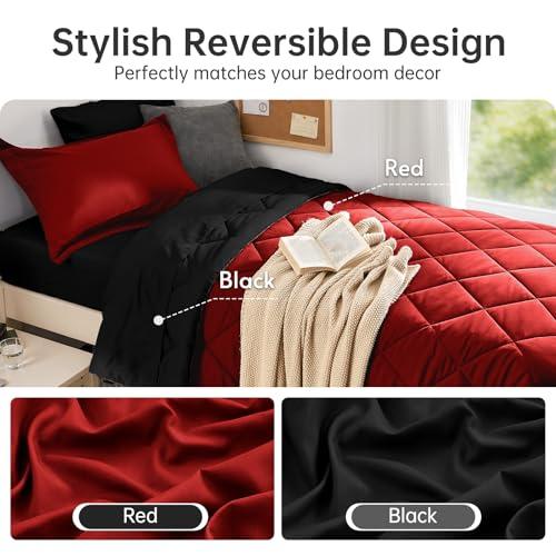 MUXHOMO 5 Pieces Twin XL Comforter Set, Reversible Bed in a Bag Twin XL Size, All Season Bedding Set with Comforter, Flat Sheet, Fitted Sheet, Pillowcases & Shams, Red & Black