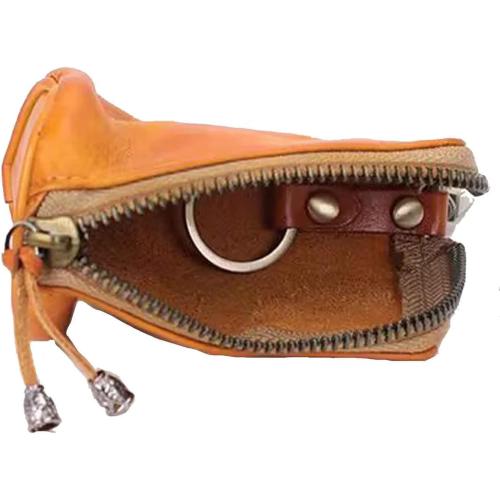 Medieval Mini Zipper Pouch, Genuine Leather Keychain Coin Purse with Easy Clip Swivel Clasps Coin Organizer Car Key Holder Wallet Card Bag Leather Pouch for Men Women (Yellow)