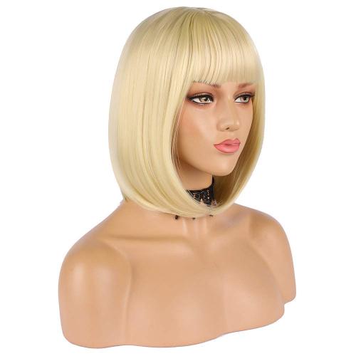 eNilecor Short Light Blonde Bob Wigs 12 Straight with Bangs Synthetic Colorful Cosplay Daily Party Wig for Women Natural As Real Hair  Free Wig Cap (Light Blonde)