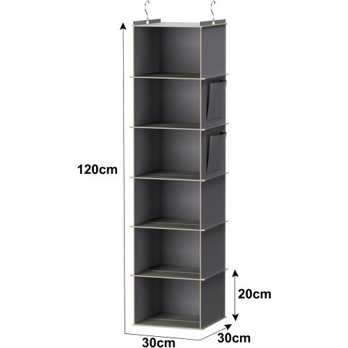 YOUDENOVA Hanging Closet Organizer and Storage, 6-Shelf Closet Hanging Storage Shelves, Grey