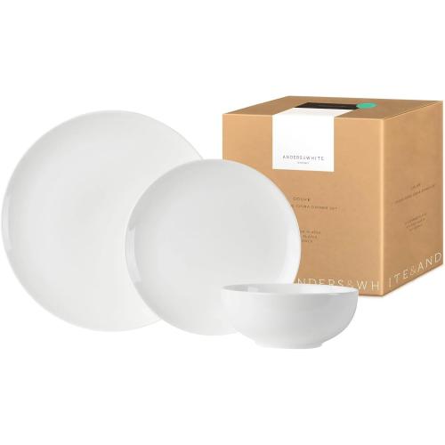 Set of 12 Anders and White 'Coupe' - White Vegan Friendly Bone China Dinner Set. 12 Pieces Dinnerware Set. Contains 4X Dinner Plates, Side Plates and Bowls.