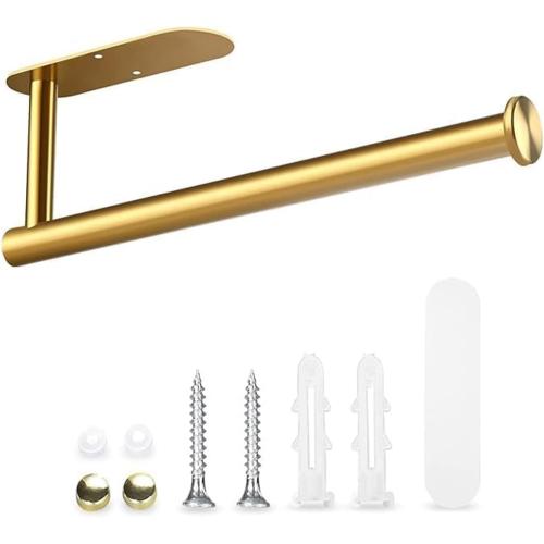 Self Adhesive Paper Towel Holder Under Cabinet Mount, Wall Mounted Paper Towel Roll Holder for Kitchen, Bathroom, Wall,BBQ Grill, Gold