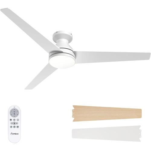 Amico Ceiling Fans with Lights, 52 inch Low Profile Ceiling fan with Light and Remote Control, Flush Mount, Reversible, 3CCT, Dimmable, Noiseless, White Ceiling Fan for Bedroom, Indoor/Outdoor Use