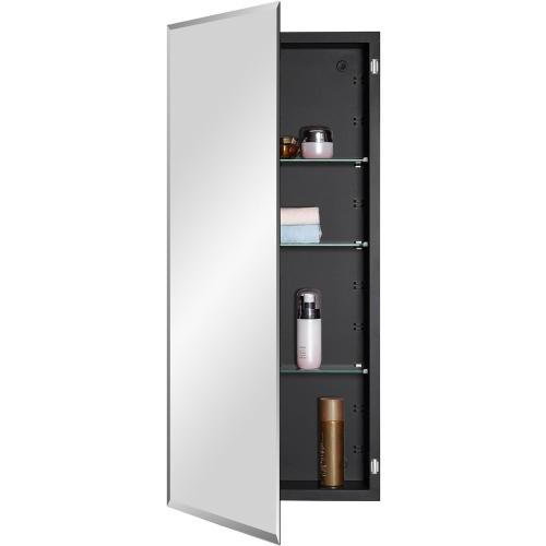 Black Bathroom Medicine Cabinet with Beveled Edge Mirrored Door 16 x 36 inch, Recessed or Surface Mount, with Adjustable Glass Shelves