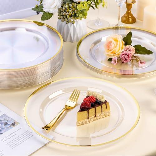BESTSTAR 50 Pack 12 Inch Clear Charger Plates with Gold Rim | Disposable Plastic Table Decor Set for Party, Wedding, Dinner & Special Events