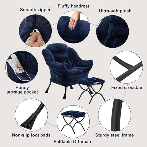 Fabric Lazy Chair with Ottoman, Oversized Upholstered Sofa Chair for Adults, Plush Comfy Lounge Chair with Large Side Storage Pocket, Reading Chair for Living Room, Bedroom, Office, Navy Blue