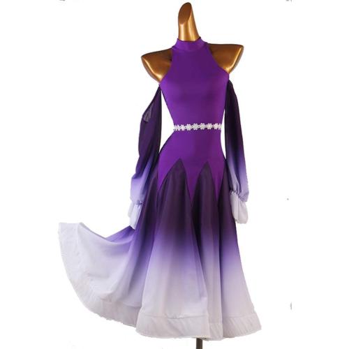 Women's Ballroom Dance Dress Splicing Performance Long Sleeve purple ? Modern Dance Competition Costumes large