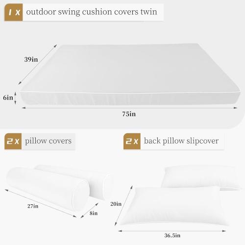 Outdoor Daybed Cushion Cover Twin,Daybed Mattress Bolster Pillow Fitted Sheet Cover,Twin Size Outdoor Daybed Cushion Covers (White, 75 * 39 * 6in)