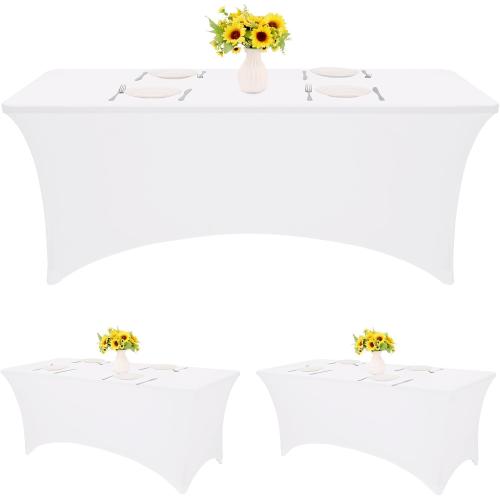 HAISIWLKJ 3 Pack Table Cloth 8ft White Tablecloths for Rectangle Folding Table Spandex Fitted Stretch Cover Wrinkle Resistant Washable Protector for Party, Wedding, Banquet, Festival.