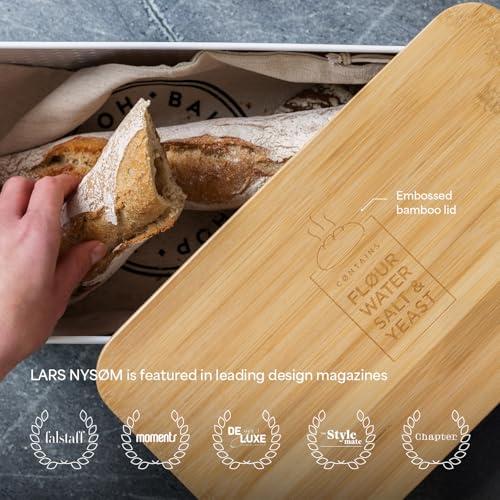 LARS NYSØM Bread Box I Metal Box with linen bag for long lasting freshness I Bread Bin with bamboo lid usable as cutting board I 13.4x7.3x5.3In (Blush Rose)