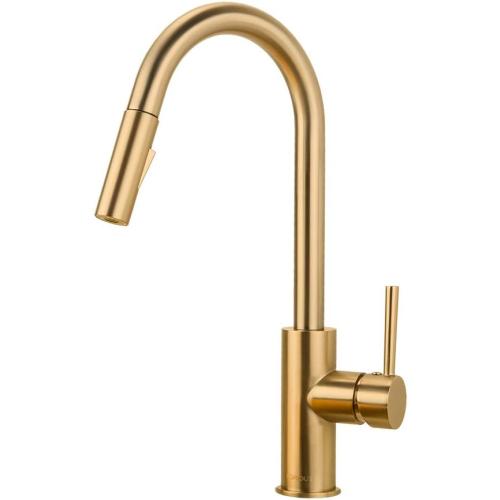 FORIOUS Gold Kitchen Faucet with Pull Down Sprayer, Brushed Brass High Arc Gooseneck Modern Sink Faucet with CUPC Ceramic Cartridge, Single Handle Stainless Steel and Deck Plate
