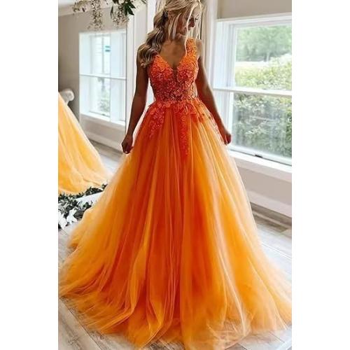 Size M ...Laces Appliques Tulle Prom Dresses V-Neck Beaded Ball Gown Formal Evening Gowns Sleeveless Quinceanera Dress