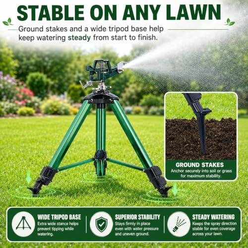 Sprinklers for Yard, 2026 Heavy-Duty Lawn Sprinkler Impact Sprinkler on Spike Tripod Base with 360° Large Area Irrigation with Extension Legs to Adjust Height Irrigation System for Garden Lawn-Green