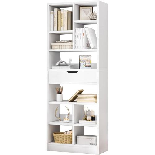 IOTXY Wooden Open Shelf Bookcase - 71 Inches Tall Freestanding Display Storage Cabinet Organizer with 10 Cubes and a Drawer, Floor Standing Bookshelf in Warm White