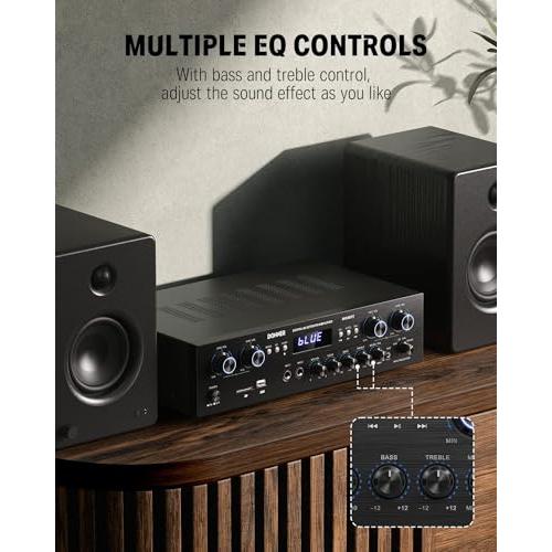 Donner Bluetooth 5.0 Stereo Audio Amplifier Receiver, 4 Channel 440W Peak Power Home Theater Stereo Receiver with USB, SD, FM, 2 Mic in Echo, RCA, LED, Speaker Selector for Studio, Home - MAMP5