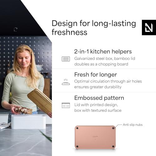 LARS NYSØM Bread Box I Metal Box with linen bag for long lasting freshness I Bread Bin with bamboo lid usable as cutting board I 13.4x7.3x5.3In (Blush Rose)