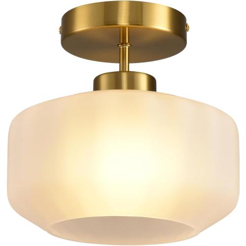 Industrial Gold Matte Light Fixtures Ceiling Mount, with Frosted Glass Shades Semi Flush Mount Ceiling Light, for Hallway Fixtures Kitchen, Foyer