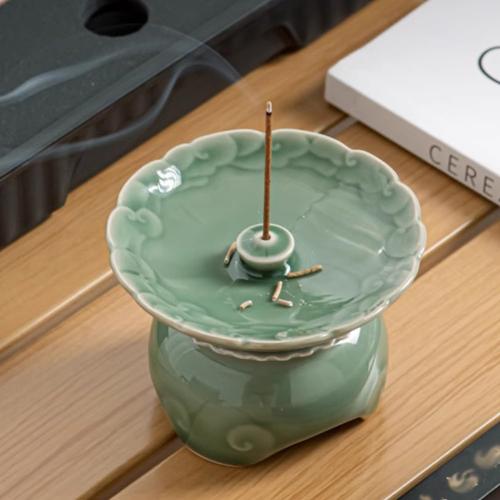 WAYUTO Celadon Incense Sticks Holder Chinese Style Incense Burner Handmade Incense Burner with Incense Ash Tray Auspicious Clouds Zen Decor Porcelain Three Legs Incense Holder for Medication Yoga