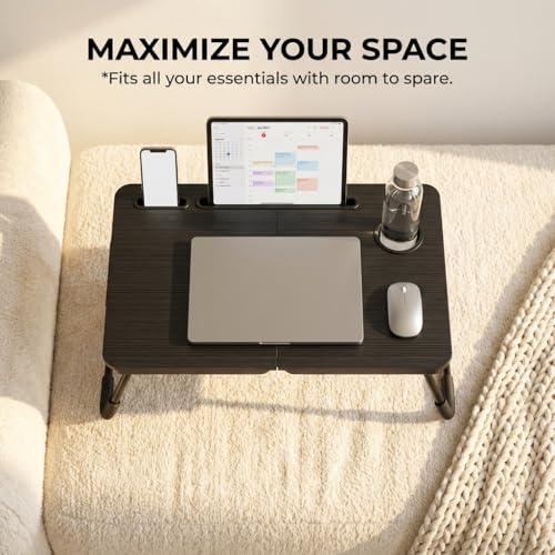 BUYIFY 23.4 Foldable Lap Desk Bed Table with Cup Holder Tray Black