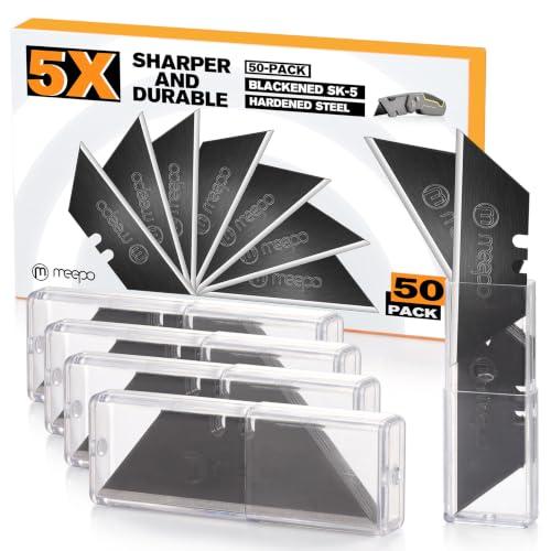 M MEEPO Utility Knife Blades, Never Rust, Blackened SK-5 Steel, 50-Pack | High strength blackened Blades, 5X sharper and durable，Storaged in hard plastic case, Standard size