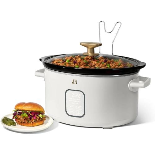 6 Qt Programmable Slow Cooker with Digital Timer, 5 Cooking Functions, Removable Ceramic Pot and Tempered Glass Lid, Dishwasher Safe (White Icing)