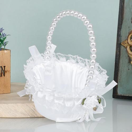Wedding Flower Girl Basket with Pearl Handle,Satin Flower Storage Basket for Wedding Home Garden Decor (5835 Small, 1)