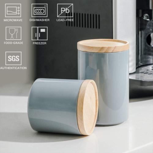 Sweejar Kitchen Canisters Ceramic Food Storage Jar, Stackable Containers with Airtight Seal Wooden Lid for Serving Ground Coffee, Tea, Sugar, Salt and More - Gray