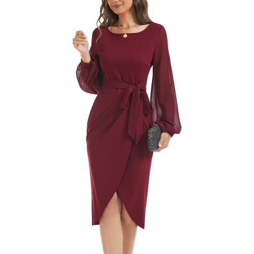 Size M HELYO Women's Elegant V-Back Chiffon Long Sleeve Sheath Dresses Belted Ruched Casual Work Cocktail Party Midi Dress