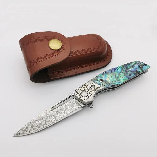 Pocket Knife Damascus Steel Blade, Abalone Shell Handle, Ball Bearing Pivot, Sheath & Pocket Clip for Everyday and Outdoor Camping EDC tool Excellent Gift