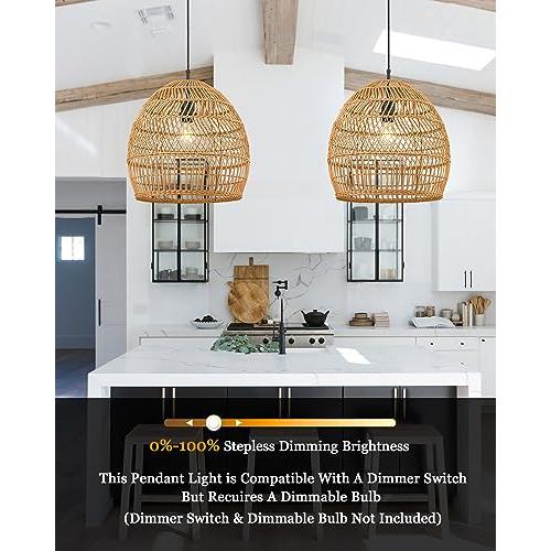 ELYONA Modern Boho Rattan Chandelier, 16” Large Rustic Wicker Pendant Light Fixtures, Basket Hand Woven Hanging Lamp for Coastal Kitchen Island Dining Room Living Room Bedroom Foyer (40cm*40cm)