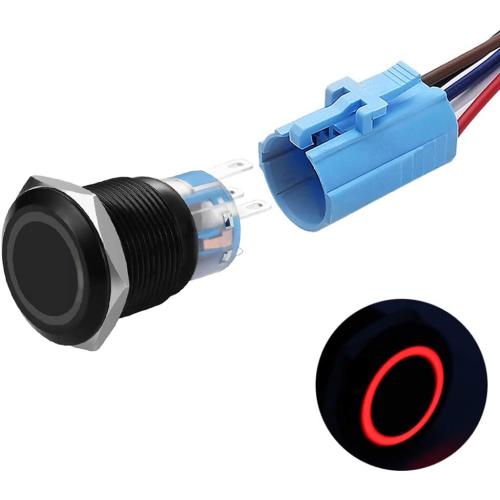 19mm Latching Push Button Switches SPDT ON/Off Waterproof Black Metal 12V Ring LED with Wire Plug (Red)