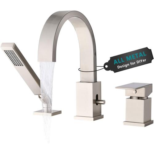 Brass Roman Tub Faucet with Sprayer, Deck Mount Bathtub Faucet with Hand Shower, 3 Hole Waterfall Faucet with 360 Spout, Single Handle Tub Filler with 8 GPM High Flow, Brushed Nickel